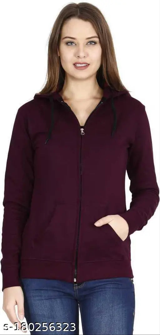 Maroon fleece full sleeve jacket, trendy women's regular wear in solid design