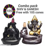 Resin Adiyogi, Mahadev, Shiv Shankara & Yellow Ganesha Smoke Backflow Combo with free 105pcs cones. Indian home temple decor with reverse smoke flow