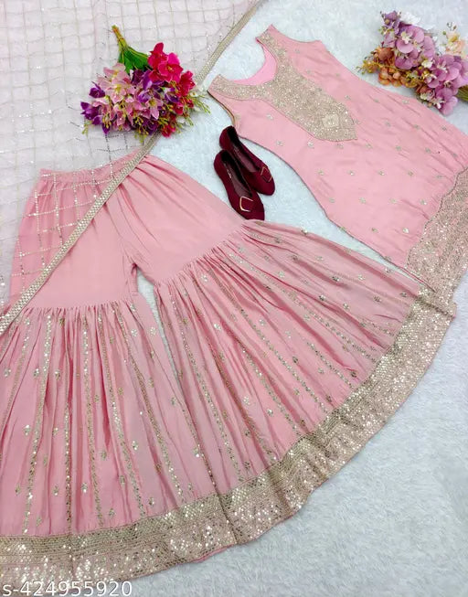 Heavy chiffon silk top with matching dupatta set, fully stitched, ready to wear
