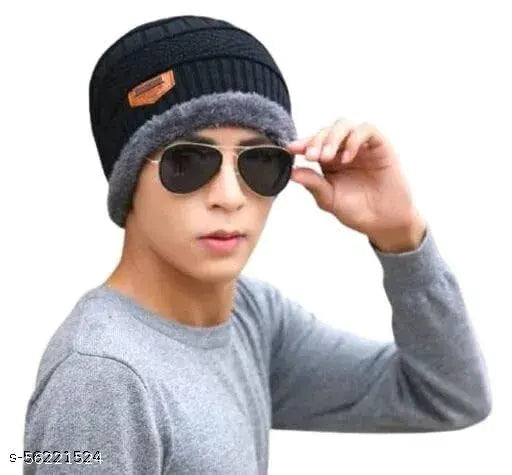 Black wool beanie cap, premium soft winter wear for men and women, snow-proof inside fur