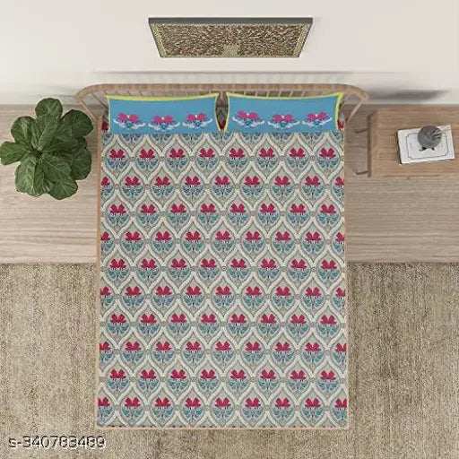 Beige lotus printed cotton flat sheets, 2 pillow covers included for adult summer use, Indian origin