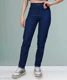 Blue stretchable premium denim mid-waist high-rise jeans for girls, plus size. Elastic waist and ankle cuff