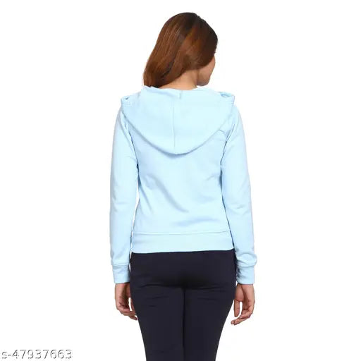 Light blue fleece zipper hoodie, cotton blend long-sleeve for women and girls, drawstrings & kangaroo pockets