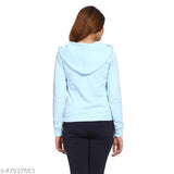 Light blue fleece zipper hoodie, cotton blend long-sleeve for women and girls, drawstrings & kangaroo pockets