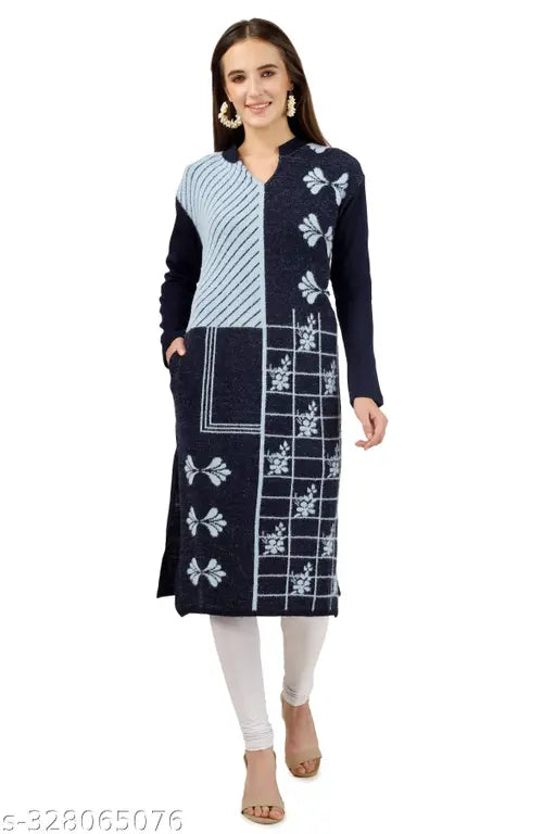 Women's printed wool kurta with full sleeves and side pockets