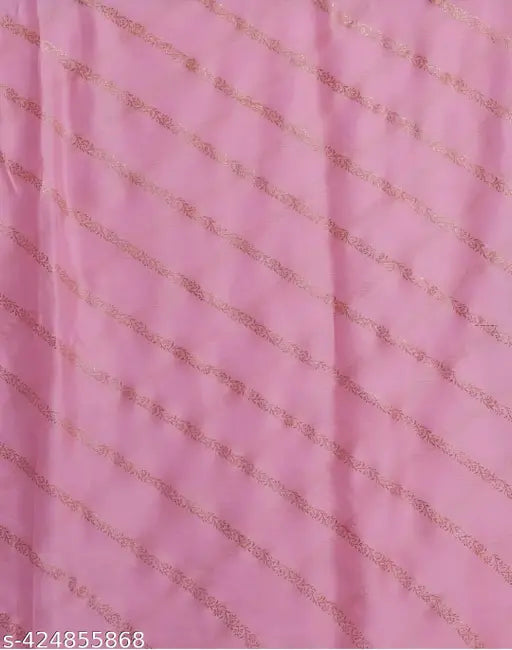 Elegant pink-green-beige-lavender chiffon saree with zari woven patterns, perfect for parties, features separate art silk blouse and is suitable for free size (5.5m/0.8m). Indian-inspired design on display stand