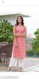 Peach color rayon sleeveless Saavi kurti with palazzos, printed net design on display, 100% rayon fabric
