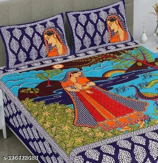 Jaipuri printed cotton bedsheet, superfine quality flat sheet with 2 pillow covers, ethnic motifs, ideal for summer adult use, country of origin: India
