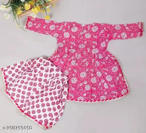 Pink rayon A-line kurti set for kids with sharara bottoms, print design and three-quarter sleeves