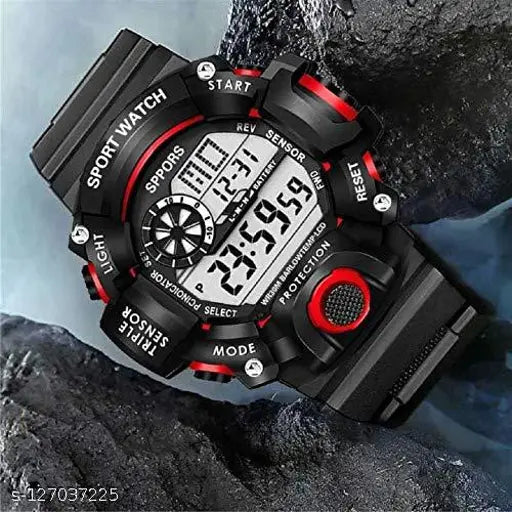 A digital sports watch with a black strap and red accents. Featuring a digital display, multiple buttons and a black case. Compatible with both boys and men