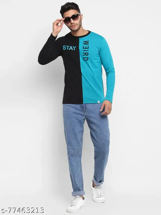 Blue printed cotton long sleeve t-shirt, BUKKL brand, color block design for men