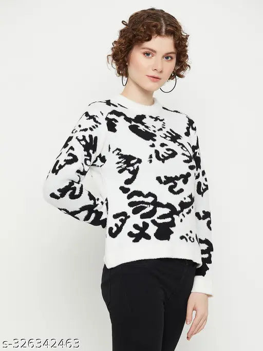 White wool round neck quirky sweater, self-design knitted pattern, full sleeves, pull-on closure - women's size S