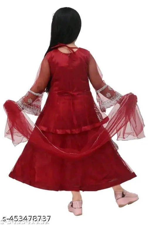 Maroon sleeveless net lehenga choli with embroidery work for beautiful kids girls party wear
