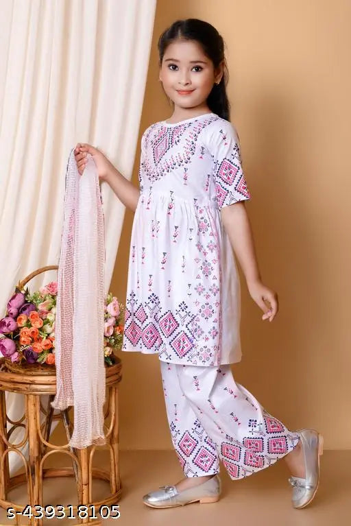 Girls' summer cotton kurti set with plazzo, rayon dupatta and A-line shape - party wear best