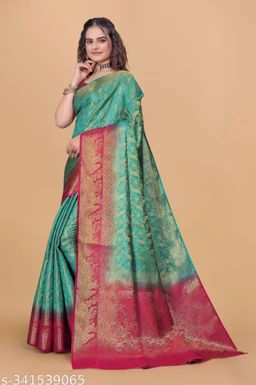 Green and gold kanjiveram silk with zari woven saree, blouse