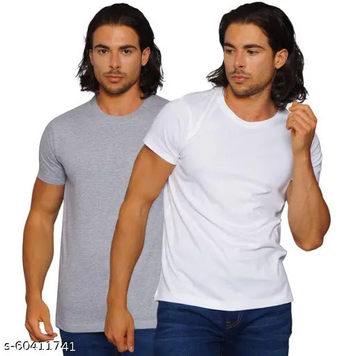 Grey Heather & White cotton half sleeve t-shirt pack for men, preshrunk, biowashed for color preservation and anti-pilling, 100% combed ring spun cotton