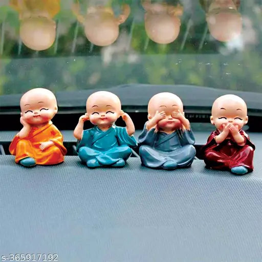 High-quality porcelain Baby Buddha Monk set of 4, ideal for home decor or car dashboards. These laughing figurines bring tranquility to any space