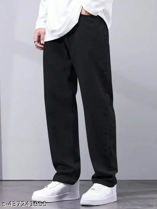 Black cotton straight fit men's jeans