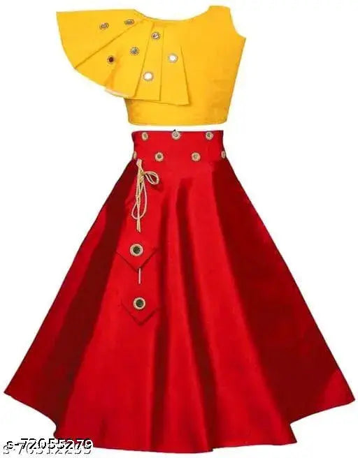 Stylish kids' cotton blend choli & taffeta silk lehenga set, mirror work pattern, sleeveless, India origin