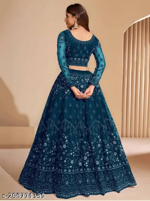 Black embroidered net Lehenga Choli and Dupatta set, semi-stitched for women. Traditional Indian party wear with intricate embroidery