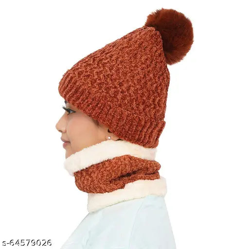 Brown velvet winter cap, neck scarf set, faux fur inside, for girls or ladies