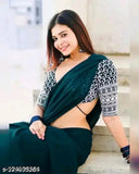 Green georgette saree, short sleeve blouse with tie detail