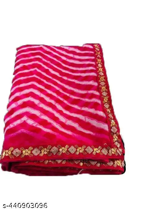 Pink Leheriya Georgette saree with tassels and latkans, free-size chiffon saree and blouse in printed net pattern, ready-to-wear Indian women's fashion