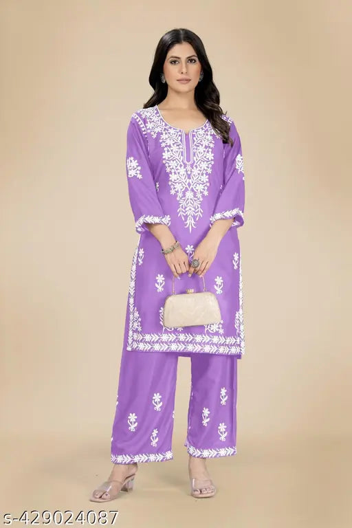 Embroidered rayon kurta palazzo set, three-quarter sleeves, Indian textile exclusive for women's fashion, size L/XL/XXL