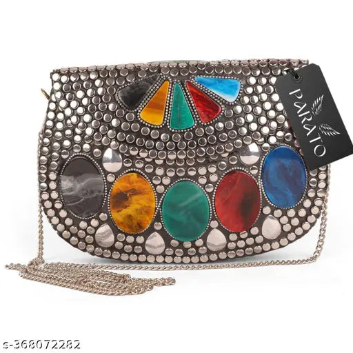 Silver metallic clutch purse with multi-colored stones embellishment, large, decorative