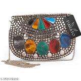 Silver metallic clutch purse with multi-colored stones embellishment, large, decorative