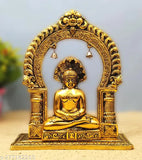Maharveer or Parshavnath metal idol for home temple, office decoration or gifting, 19x65x23cm size, in a serene pose, with brass details, set against blue backdrop