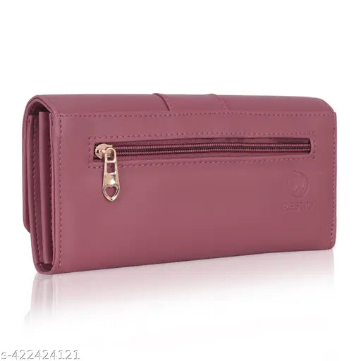 Pink women's zip wallet with card slots and chain strap
