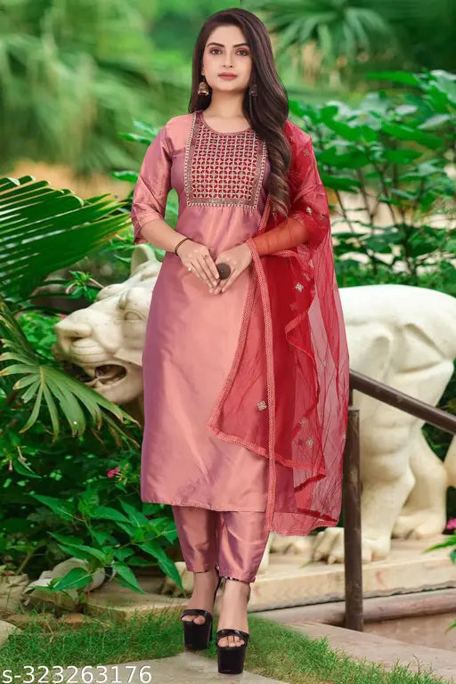 Art silk embroidered kurti set with pants and dupatta, three-quarter sleeves, coding embroidery work, round neck, side slit, soft silk blend bottomwear & dupatta. India-made party wear for women in sizes S-3XL