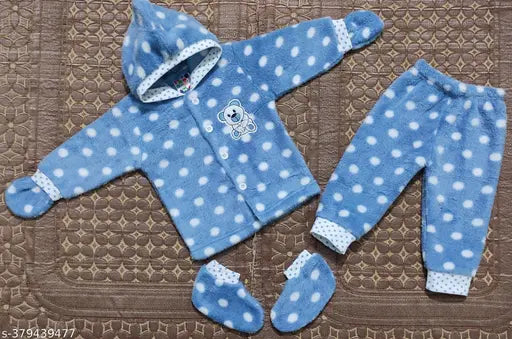 Blue wool kids' hooded sweater set with polka dot furr soft cartoon print, suitable for newborn babies up to 1 year