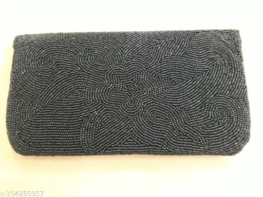 Black beaded womens purse with patterned handle