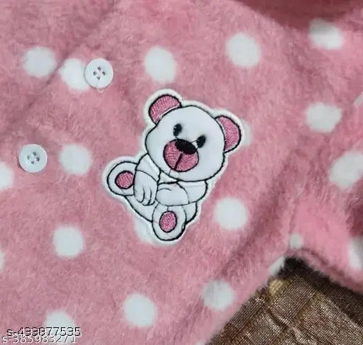 Dusty pink polka dot full sleeve sweater set for newborn boys and girls, soft wool fabric with cartoon print and hood design