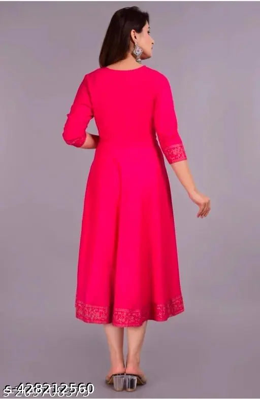 Women's Rayon Pink Solid Kurti, three-quarter sleeves, solid design, India-made fashion clothing for women