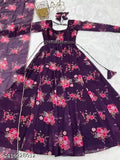 Printed net poly georgette sleeveless gown with dupatta set for women, vibrant Indian design on display