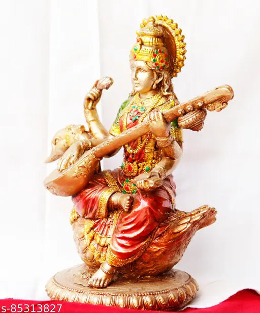Handcrafted golden Saraswati idol, traditional Indian home decor