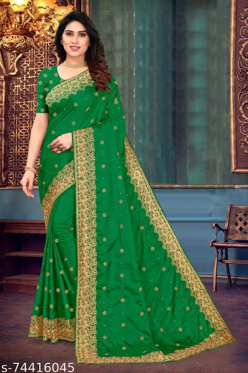 Brown and Bottlegreen Vichitra Silk Wedding Saree with Embroidery and LCD Stones, New collection for Indian brides