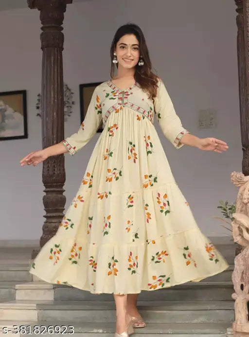 Rayon Anarkali printed kurta for women and girls, vibrant Indian fashion with three-quarter sleeves