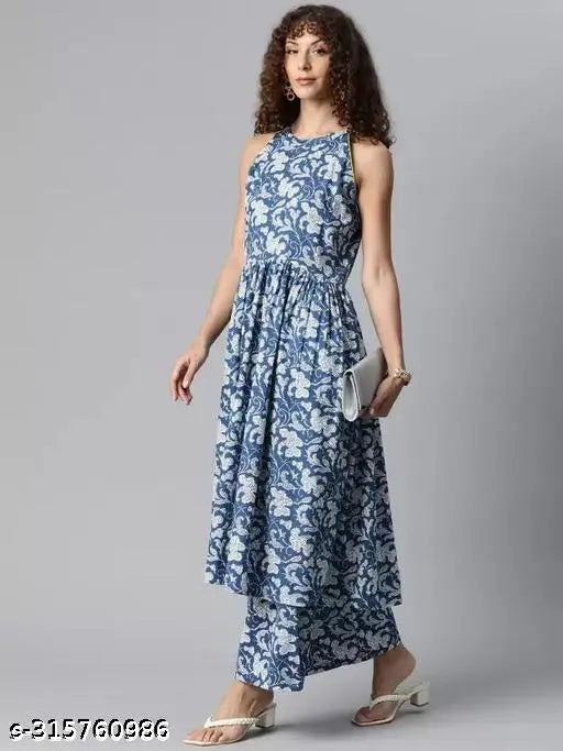 Women's viscose rayon kurta and palazzo set, printed net, sleeveless, pack of 2, India