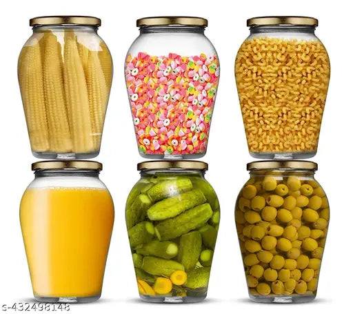 6 clear glass jars with airtight lids, perfect for food storage.