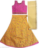 Taffeta silk lehenga choli for kids party wear, embroidered in net with short sleeves. Handcrafted Indian kidswear in satin dupatta