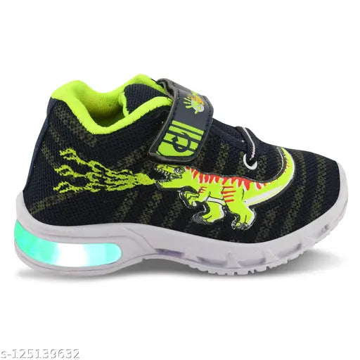 Black and green sports running shoes with neon blue LED lights, lace up design
