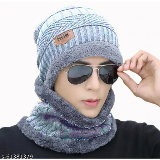 Soft warm, snow/air-proof fleece beanie cap with scarf (inside fur), solid woolen knit, perfect winter accessory for men & women