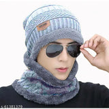 Soft warm, snow/air-proof fleece beanie cap with scarf (inside fur), solid woolen knit, perfect winter accessory for men & women