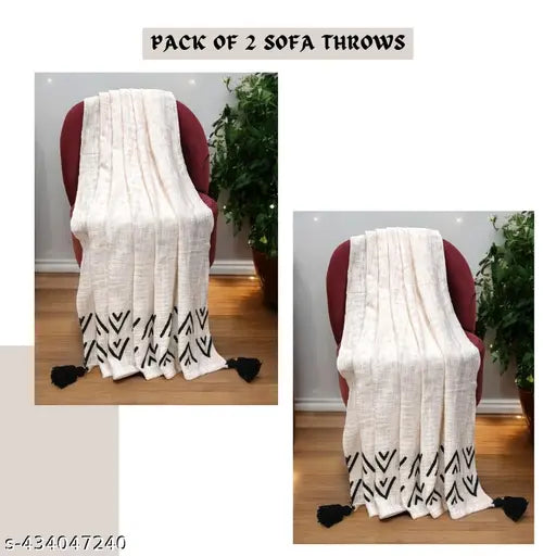 Bohemian style cotton throw blanket, off-white with fringe tassels