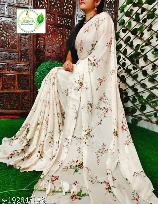 Lightweight pure georgette saree with enamel printed matching netted sequence
