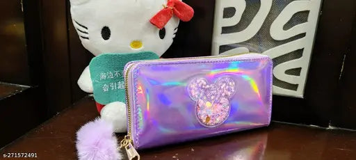 Womens' small glitter purse, card holder wallet with pink bow